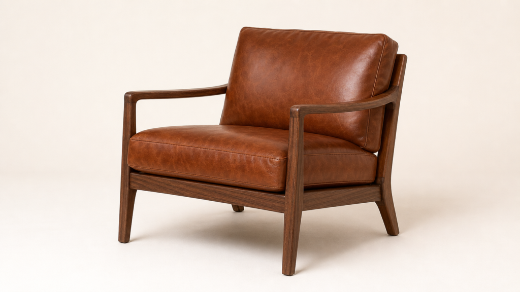 Cognac leather armchair with walnut frame