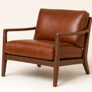 Cognac leather armchair with walnut frame