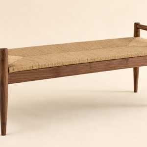 Walnut entryway bench with a woven rush seat