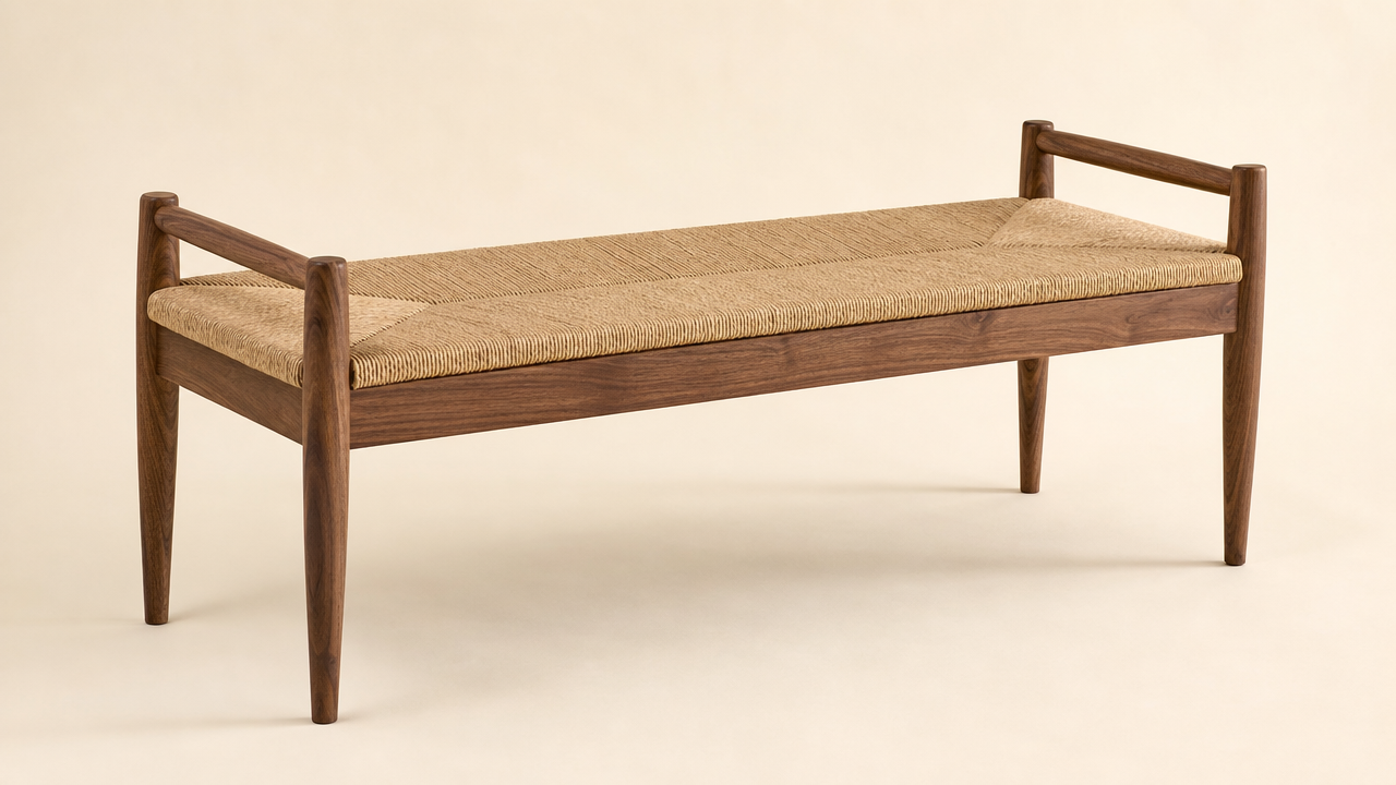 Solid walnut entry bench with a woven rush seat