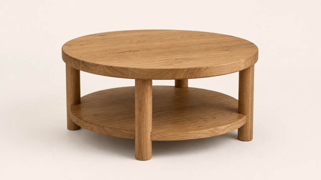 Round solid oak coffee table with lower shelf