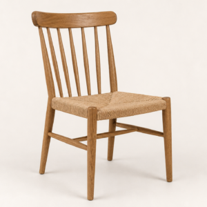 Oak spindle-back dining chair with woven rush seat