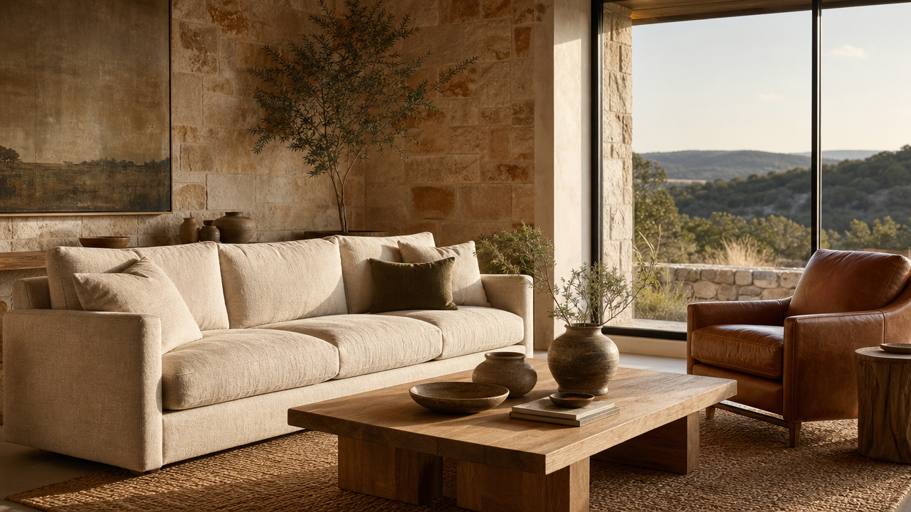 Hill Country living room with an oatmeal linen sofa, leather armchair and oak coffee table