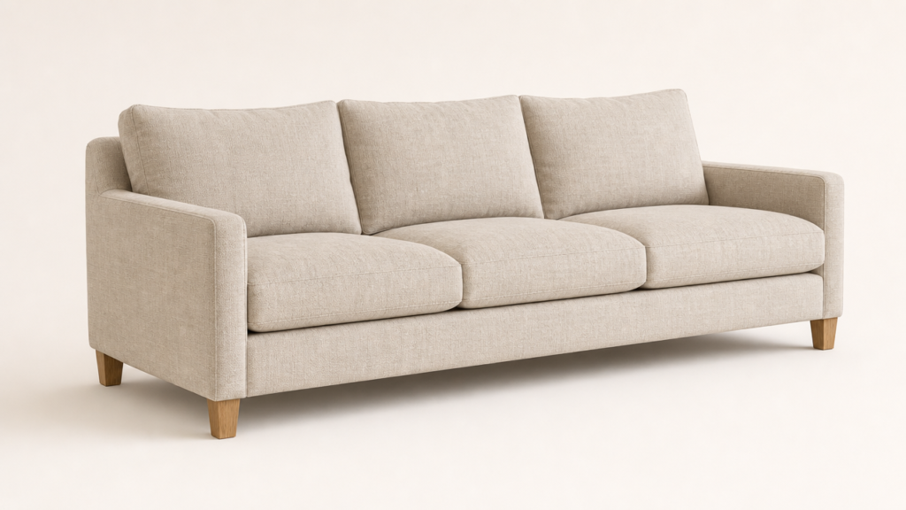 Three-seater sofa in oatmeal linen with oak legs