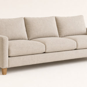 Three-seater sofa in oatmeal linen with oak legs