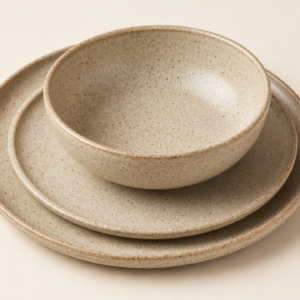 Speckled sand stoneware dinner plate, side plate and bowl
